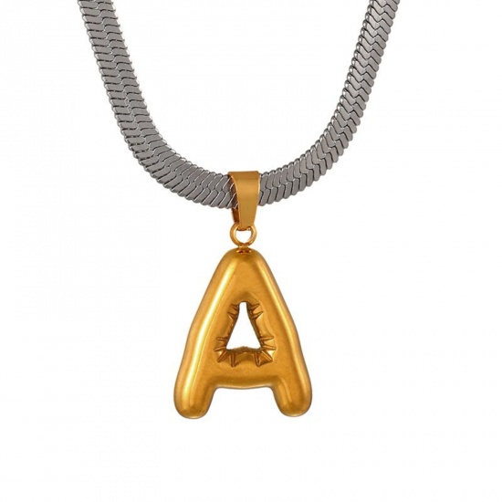 Immagine di 18K Gold Plated Flat Snake Chain Pendant Charm Necklace, 304 Stainless Steel 40cm(15.7") + 7cm(2.8"), For Women, Message " A " Capital Alphabet Initial Letter Name Dainty Gift, Eco-friendly, 1 Piece