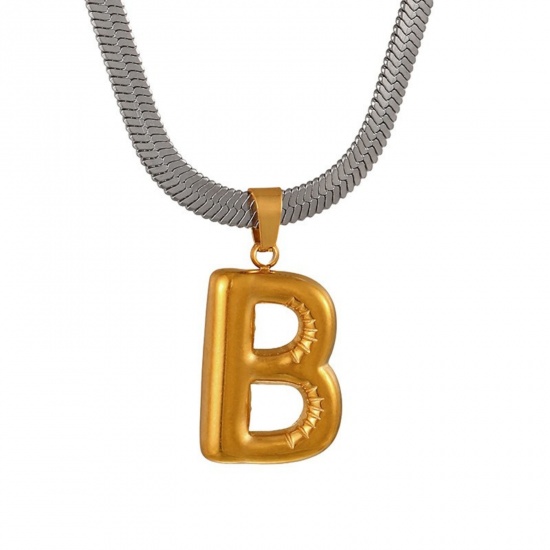 Immagine di 18K Gold Plated Flat Snake Chain Pendant Charm Necklace, 304 Stainless Steel 40cm(15.7") + 7cm(2.8"), For Women, Message " B " Capital Alphabet Initial Letter Name Dainty Gift, Eco-friendly, 1 Piece
