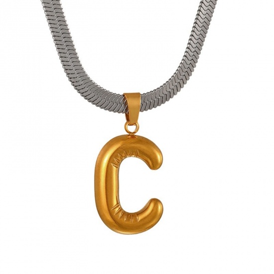 Immagine di 18K Gold Plated Flat Snake Chain Pendant Charm Necklace, 304 Stainless Steel 40cm(15.7") + 7cm(2.8"), For Women, Message " C " Capital Alphabet Initial Letter Name Dainty Gift, Eco-friendly, 1 Piece
