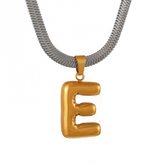 Immagine di 18K Gold Plated Flat Snake Chain Pendant Charm Necklace, 304 Stainless Steel 40cm(15.7") + 7cm(2.8"), For Women, Message " E " Capital Alphabet Initial Letter Name Dainty Gift, Eco-friendly, 1 Piece