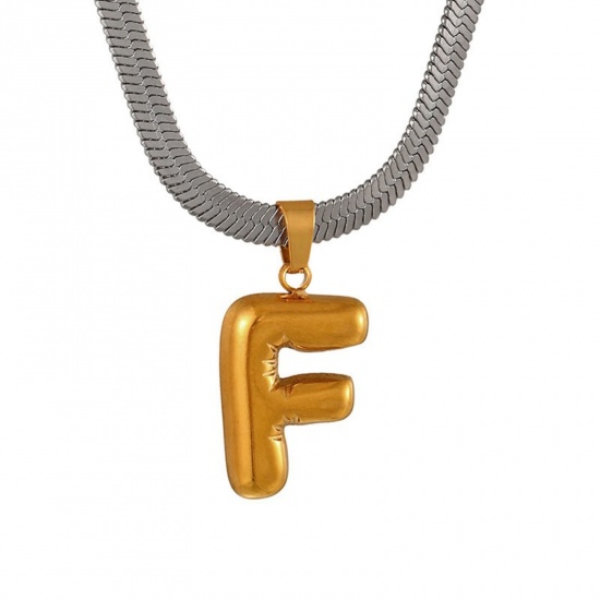 Immagine di 18K Gold Plated Flat Snake Chain Pendant Charm Necklace, 304 Stainless Steel 40cm(15.7") + 7cm(2.8"), For Women, Message " F " Capital Alphabet Initial Letter Name Dainty Gift, Eco-friendly, 1 Piece