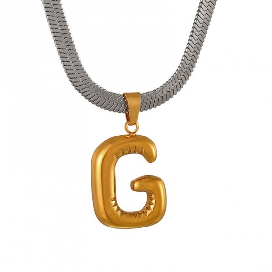 Immagine di 18K Gold Plated Flat Snake Chain Pendant Charm Necklace, 304 Stainless Steel 40cm(15.7") + 7cm(2.8"), For Women, Message " G " Capital Alphabet Initial Letter Name Dainty Gift, Eco-friendly, 1 Piece