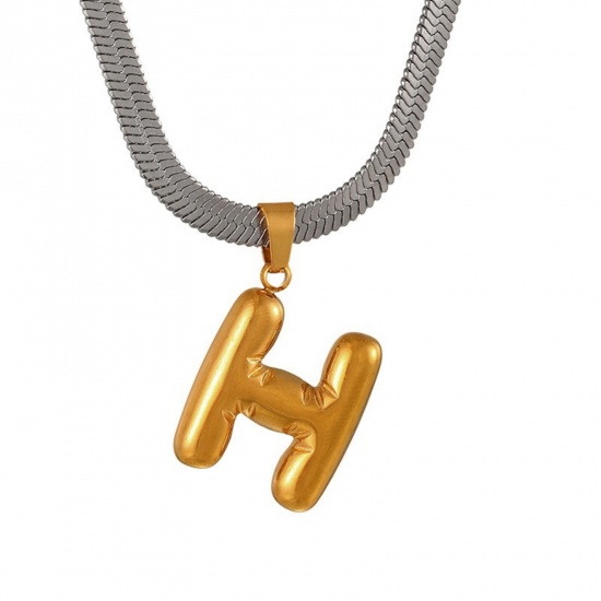 Immagine di 18K Gold Plated Flat Snake Chain Pendant Charm Necklace, 304 Stainless Steel 40cm(15.7") + 7cm(2.8"), For Women, Message " H " Capital Alphabet Initial Letter Name Dainty Gift, Eco-friendly, 1 Piece