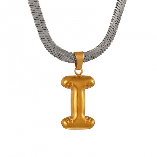Immagine di 18K Gold Plated Flat Snake Chain Pendant Charm Necklace, 304 Stainless Steel 40cm(15.7") + 7cm(2.8"), For Women, Message " I " Capital Alphabet Initial Letter Name Dainty Gift, Eco-friendly, 1 Piece