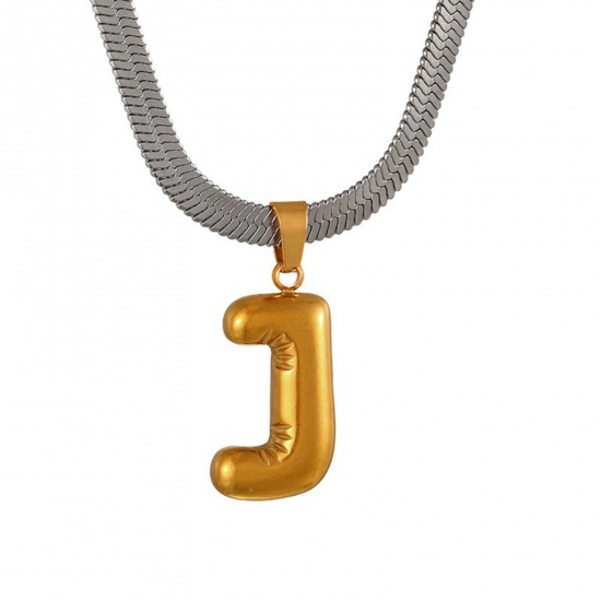 Immagine di 18K Gold Plated Flat Snake Chain Pendant Charm Necklace, 304 Stainless Steel 40cm(15.7") + 7cm(2.8"), For Women, Message " J " Capital Alphabet Initial Letter Name Dainty Gift, Eco-friendly, 1 Piece