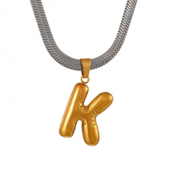 Immagine di 18K Gold Plated Flat Snake Chain Pendant Charm Necklace, 304 Stainless Steel 40cm(15.7") + 7cm(2.8"), For Women, Message " K " Capital Alphabet Initial Letter Name Dainty Gift, Eco-friendly, 1 Piece