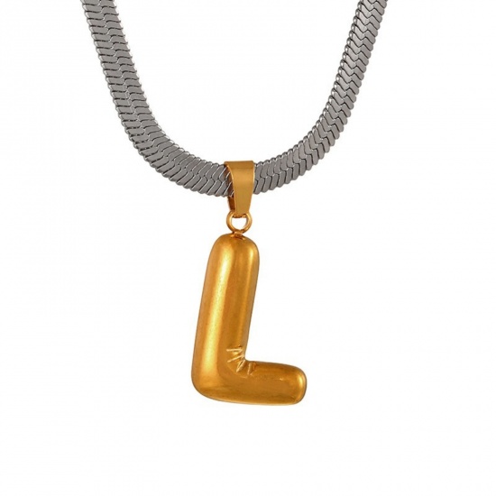 Immagine di 18K Gold Plated Flat Snake Chain Pendant Charm Necklace, 304 Stainless Steel 40cm(15.7") + 7cm(2.8"), For Women, Message " L " Capital Alphabet Initial Letter Name Dainty Gift, Eco-friendly, 1 Piece