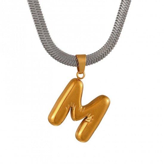 Immagine di 18K Gold Plated Flat Snake Chain Pendant Charm Necklace, 304 Stainless Steel 40cm(15.7") + 7cm(2.8"), For Women, Message " M " Capital Alphabet Initial Letter Name Dainty Gift, Eco-friendly, 1 Piece