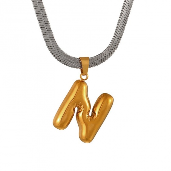 Immagine di 18K Gold Plated Flat Snake Chain Pendant Charm Necklace, 304 Stainless Steel 40cm(15.7") + 7cm(2.8"), For Women, Message " N " Capital Alphabet Initial Letter Name Dainty Gift, Eco-friendly, 1 Piece