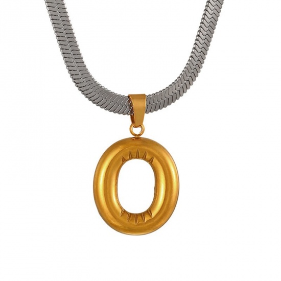Immagine di 18K Gold Plated Flat Snake Chain Pendant Charm Necklace, 304 Stainless Steel 40cm(15.7") + 7cm(2.8"), For Women, Message " O " Capital Alphabet Initial Letter Name Dainty Gift, Eco-friendly, 1 Piece