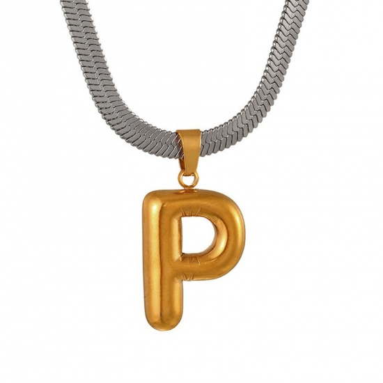 Immagine di 18K Gold Plated Flat Snake Chain Pendant Charm Necklace, 304 Stainless Steel 40cm(15.7") + 7cm(2.8"), For Women, Message " P " Capital Alphabet Initial Letter Name Dainty Gift, Eco-friendly, 1 Piece