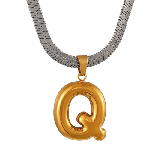 Immagine di 18K Gold Plated Flat Snake Chain Pendant Charm Necklace, 304 Stainless Steel 40cm(15.7") + 7cm(2.8"), For Women, Message " Q " Capital Alphabet Initial Letter Name Dainty Gift, Eco-friendly, 1 Piece