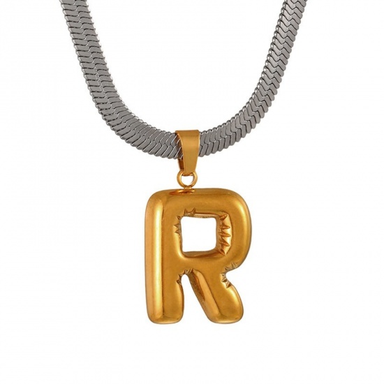 Immagine di 18K Gold Plated Flat Snake Chain Pendant Charm Necklace, 304 Stainless Steel 40cm(15.7") + 7cm(2.8"), For Women, Message " R " Capital Alphabet Initial Letter Name Dainty Gift, Eco-friendly, 1 Piece