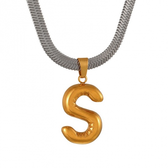 Immagine di 18K Gold Plated Flat Snake Chain Pendant Charm Necklace, 304 Stainless Steel 40cm(15.7") + 7cm(2.8"), For Women, Message " S " Capital Alphabet Initial Letter Name Dainty Gift, Eco-friendly, 1 Piece