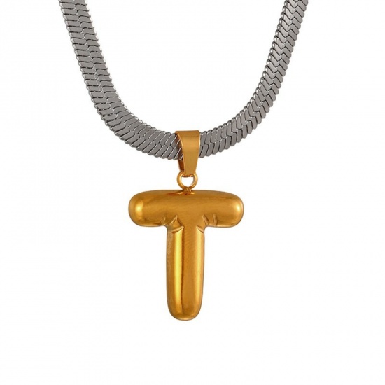 Immagine di 18K Gold Plated Flat Snake Chain Pendant Charm Necklace, 304 Stainless Steel 40cm(15.7") + 7cm(2.8"), For Women, Message " T " Capital Alphabet Initial Letter Name Dainty Gift, Eco-friendly, 1 Piece