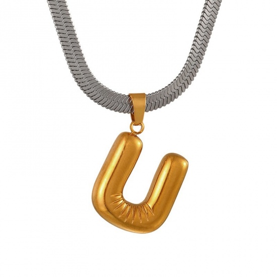 Immagine di 18K Gold Plated Flat Snake Chain Pendant Charm Necklace, 304 Stainless Steel 40cm(15.7") + 7cm(2.8"), For Women, Message " U " Capital Alphabet Initial Letter Name Dainty Gift, Eco-friendly, 1 Piece