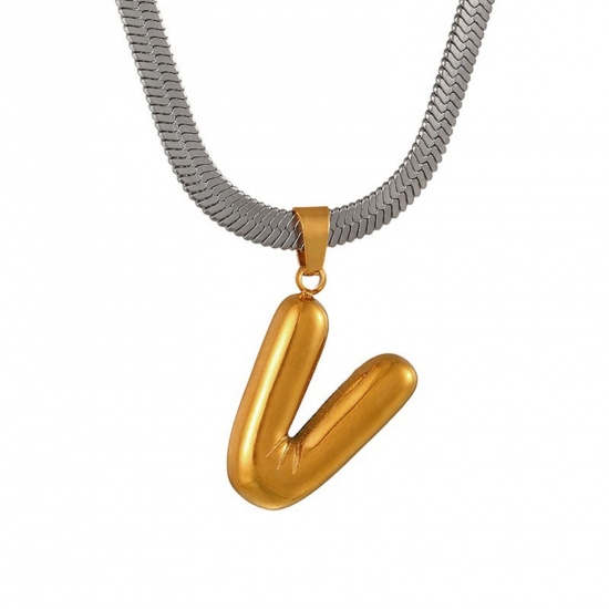 Immagine di 18K Gold Plated Flat Snake Chain Pendant Charm Necklace, 304 Stainless Steel 40cm(15.7") + 7cm(2.8"), For Women, Message " V " Capital Alphabet Initial Letter Name Dainty Gift, Eco-friendly, 1 Piece