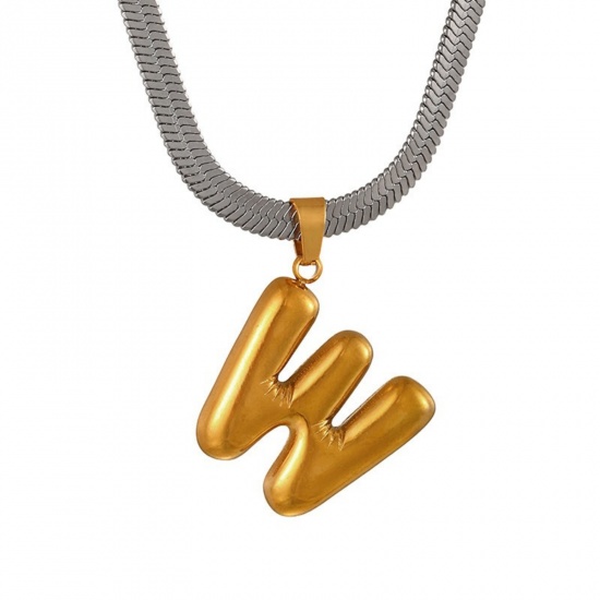 Immagine di 18K Gold Plated Flat Snake Chain Pendant Charm Necklace, 304 Stainless Steel 40cm(15.7") + 7cm(2.8"), For Women, Message " W " Capital Alphabet Initial Letter Name Dainty Gift, Eco-friendly, 1 Piece