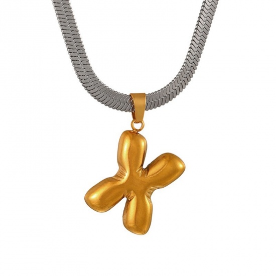 Immagine di 18K Gold Plated Flat Snake Chain Pendant Charm Necklace, 304 Stainless Steel 40cm(15.7") + 7cm(2.8"), For Women, Message " X " Capital Alphabet Initial Letter Name Dainty Gift, Eco-friendly, 1 Piece