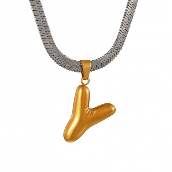 Immagine di 18K Gold Plated Flat Snake Chain Pendant Charm Necklace, 304 Stainless Steel 40cm(15.7") + 7cm(2.8"), For Women, Message " Y " Capital Alphabet Initial Letter Name Dainty Gift, Eco-friendly, 1 Piece