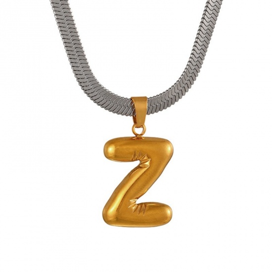 Immagine di 18K Gold Plated Flat Snake Chain Pendant Charm Necklace, 304 Stainless Steel 40cm(15.7") + 7cm(2.8"), For Women, Message " Z " Capital Alphabet Initial Letter Name Dainty Gift, Eco-friendly, 1 Piece