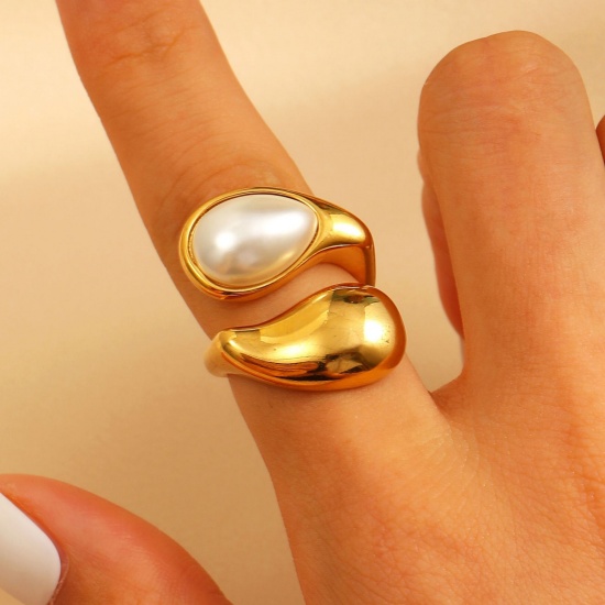 Picture of 1 Piece Eco-friendly PVD Vacuum Plating Waterproof Anti-Tarnish Hypoallergenic Dainty Stylish 18K Real Gold Plated White 304 Stainless Steel Open Acrylic Imitation Pearl Rings For Women Gift 17mm(US Size 6.5)