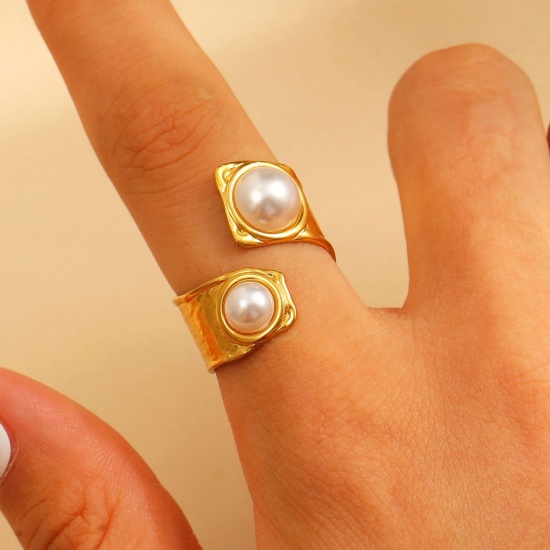 Picture of 1 Piece Eco-friendly PVD Vacuum Plating Waterproof Anti-Tarnish Hypoallergenic Dainty Stylish 18K Real Gold Plated White 304 Stainless Steel Open Acrylic Imitation Pearl Rings For Women Gift 17mm(US Size 6.5)