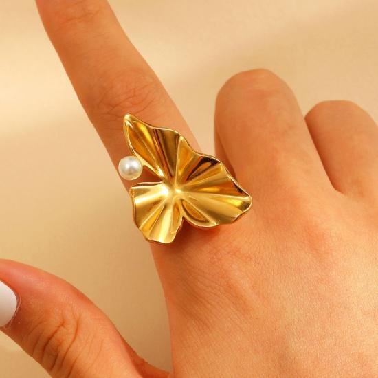 Picture of 1 Piece Eco-friendly PVD Vacuum Plating Waterproof Anti-Tarnish Hypoallergenic Dainty Stylish 18K Real Gold Plated White 304 Stainless Steel Open Acrylic Imitation Pearl Rings For Women Gift 17mm(US Size 6.5)