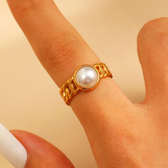 Picture of 1 Piece Eco-friendly PVD Vacuum Plating Waterproof Anti-Tarnish Hypoallergenic Dainty Stylish 18K Real Gold Plated White 304 Stainless Steel Open Acrylic Imitation Pearl Rings For Women Gift 17mm(US Size 6.5)