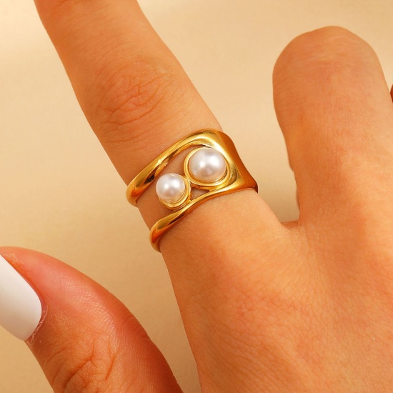 Picture of 1 Piece Eco-friendly PVD Vacuum Plating Waterproof Anti-Tarnish Hypoallergenic Dainty Stylish 18K Real Gold Plated White 304 Stainless Steel Open Acrylic Imitation Pearl Rings For Women Gift 17mm(US Size 6.5)