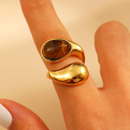 Picture of 1 Piece Eco-friendly PVD Vacuum Plating Waterproof Anti-Tarnish Hypoallergenic Dainty Stylish 18K Real Gold Plated 304 Stainless Steel & Gemstone Open Rings For Women Gift 17mm(US Size 6.5)