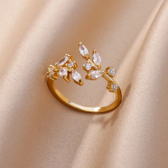 Picture of 1 Piece Eco-friendly PVD Vacuum Plating Dainty Stylish 18K Gold Plated 304 Stainless Steel & Rhinestone Open Leaf Rings For Women Gift 18mm(US Size 7.75)