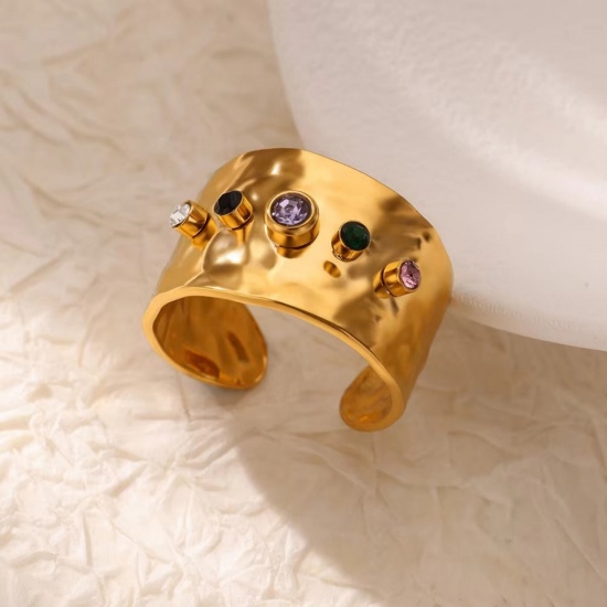 Picture of 1 Piece Eco-friendly PVD Vacuum Plating Dainty Stylish 18K Gold Plated Multicolor 304 Stainless Steel & Rhinestone Open Rings For Women Gift 18mm(US Size 7.75)