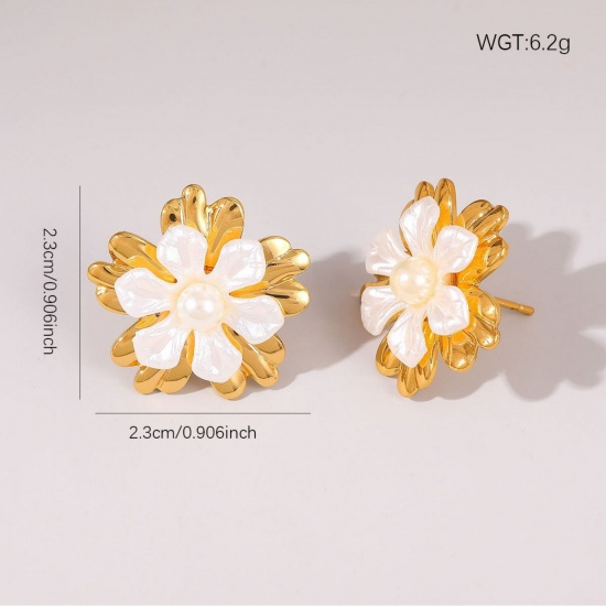 Picture of 1 Pair Vacuum Plating Dainty Stylish 18K Gold Plated White 304 Stainless Steel Flower Acrylic Imitation Pearl Ear Post Stud Earrings For Women Gift 2.3cm x 2.3cm