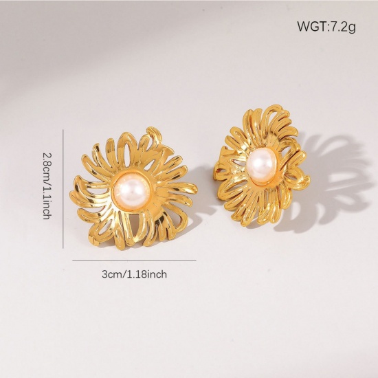 Picture of 1 Pair Vacuum Plating Dainty Stylish 18K Gold Plated White 304 Stainless Steel Flower Acrylic Imitation Pearl Ear Post Stud Earrings For Women Gift 2.8cm x 3cm