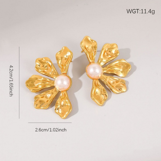 Picture of 1 Pair Vacuum Plating Dainty Stylish 18K Gold Plated White 304 Stainless Steel Flower Acrylic Imitation Pearl Ear Post Stud Earrings For Women Gift 4.2cm x 2.6cm
