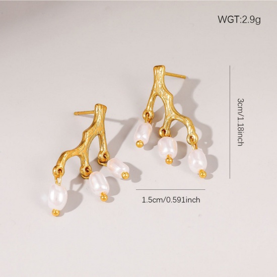 Picture of 1 Pair Vacuum Plating Dainty Stylish 18K Gold Plated White 304 Stainless Steel Branch Acrylic Imitation Pearl Ear Post Stud Earrings For Women Gift 3cm x 1.5cm