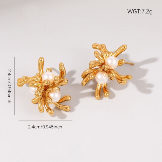 Picture of 1 Pair Vacuum Plating Dainty Stylish 18K Gold Plated White 304 Stainless Steel Branch Acrylic Imitation Pearl Ear Post Stud Earrings For Women Gift 2.4cm x 2.4cm