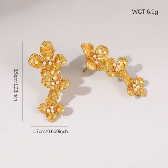 Picture of 1 Pair Vacuum Plating Dainty Stylish 18K Gold Plated White 304 Stainless Steel Flower Acrylic Imitation Pearl Ear Post Stud Earrings For Women Gift 3.5cm x 1.7cm