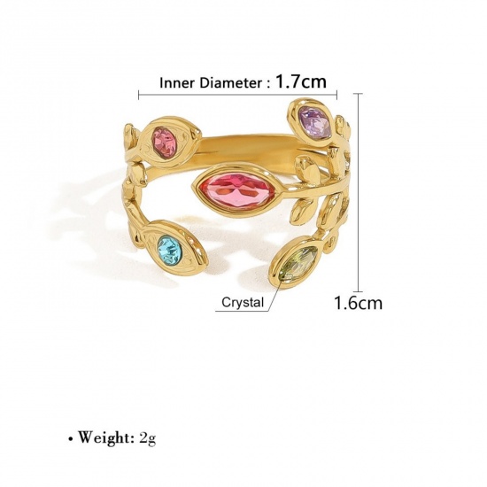 Picture of 1 Piece Eco-friendly PVD Vacuum Plating Dainty Stylish 18K Gold Plated Multicolor 304 Stainless Steel & Cubic Zirconia Open Leaf Rings For Women Gift 18mm(US Size 7.75)