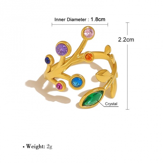 Picture of 1 Piece Eco-friendly PVD Vacuum Plating Dainty Stylish 18K Gold Plated Multicolor 304 Stainless Steel & Cubic Zirconia Open Leaf Rings For Women Gift 18mm(US Size 7.75)