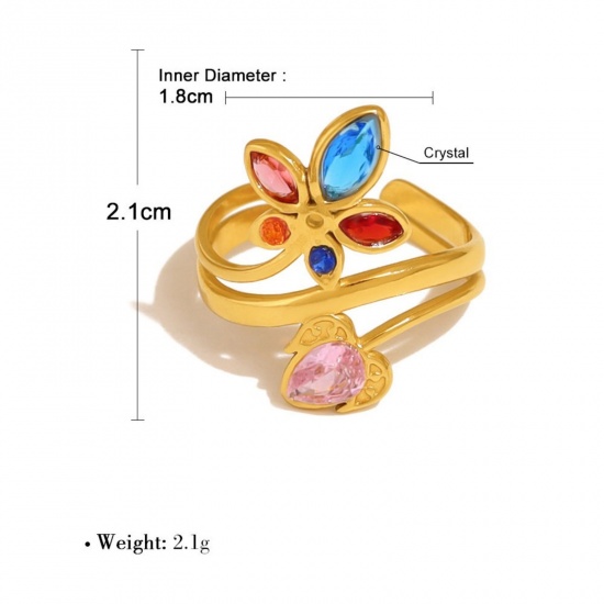 Picture of 1 Piece Eco-friendly PVD Vacuum Plating Dainty Stylish 18K Gold Plated Multicolor 304 Stainless Steel & Cubic Zirconia Open Leaf Rings For Women Gift 18mm(US Size 7.75)