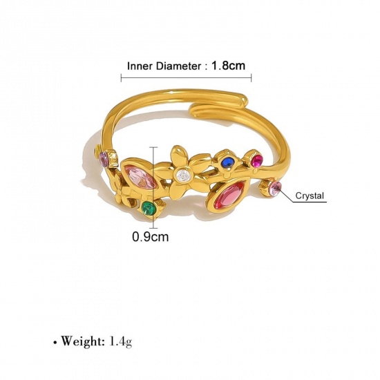 Picture of 1 Piece Eco-friendly PVD Vacuum Plating Dainty Stylish 18K Gold Plated Multicolor 304 Stainless Steel & Cubic Zirconia Open Leaf Rings For Women Gift 18mm(US Size 7.75)