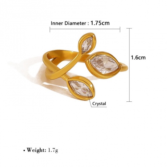 Picture of 1 Piece Eco-friendly PVD Vacuum Plating Dainty Stylish 18K Gold Plated 304 Stainless Steel & Cubic Zirconia Open Leaf Rings For Women Gift 18mm(US Size 7.75)