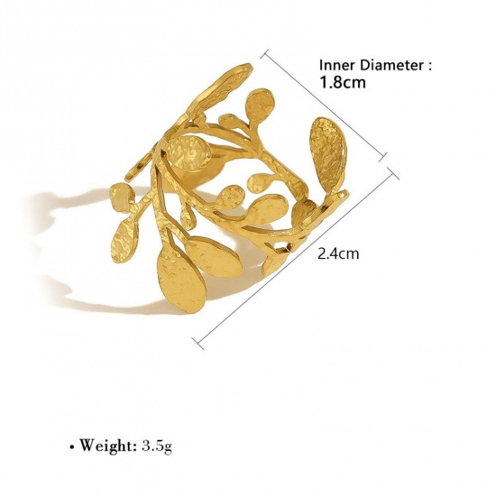 Picture of 1 Piece Eco-friendly PVD Vacuum Plating Dainty Stylish 18K Gold Plated 304 Stainless Steel Open Leaf Rings For Women Gift 18mm(US Size 7.75)