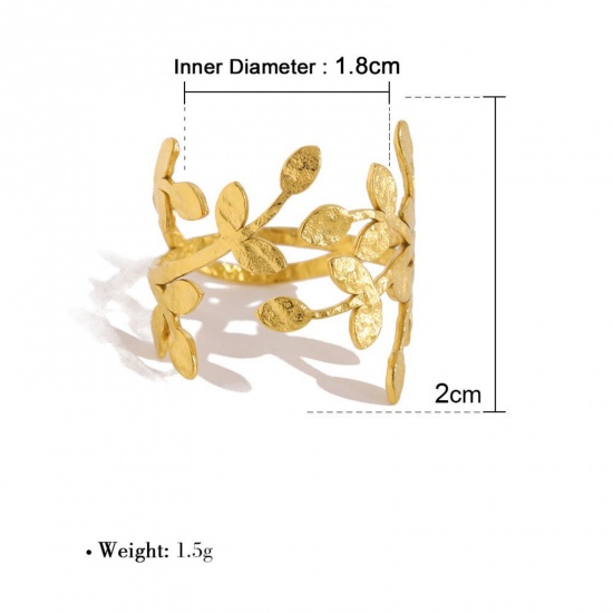 Picture of 1 Piece Eco-friendly PVD Vacuum Plating Dainty Stylish 18K Gold Plated 304 Stainless Steel Open Leaf Rings For Women Gift 18mm(US Size 7.75)