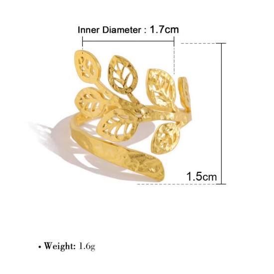 Picture of 1 Piece Eco-friendly PVD Vacuum Plating Dainty Stylish 18K Gold Plated 304 Stainless Steel Open Leaf Rings For Women Gift 18mm(US Size 7.75)