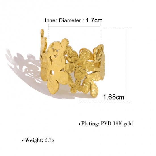 Picture of 1 Piece Eco-friendly PVD Vacuum Plating Dainty Stylish 18K Gold Plated 304 Stainless Steel Open Flower Rings For Women Gift 18mm(US Size 7.75)