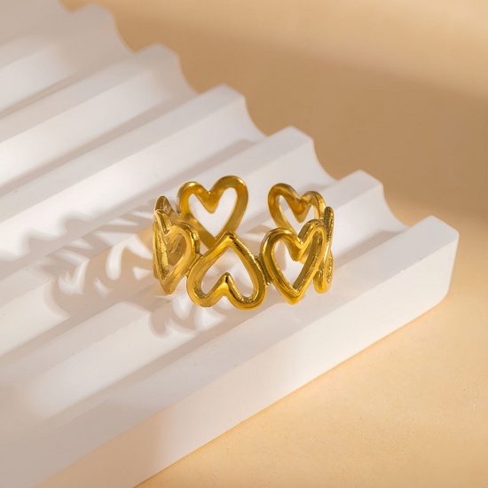 Picture of 1 Piece Eco-friendly PVD Vacuum Plating Dainty Valentine's Day 18K Gold Plated 304 Stainless Steel Open Heart Rings For Women Gift 18mm(US Size 7.75)