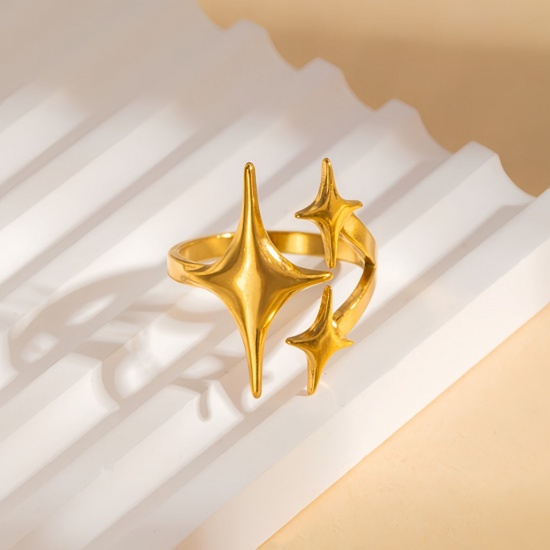 Picture of 1 Piece Eco-friendly PVD Vacuum Plating Dainty Stylish 18K Gold Plated 304 Stainless Steel Open Star Rings For Women Gift 18mm(US Size 7.75)